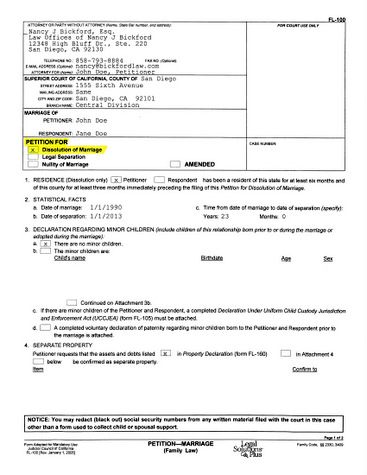 FL-100 Petition for Dissolution Pg 1- California Family Law