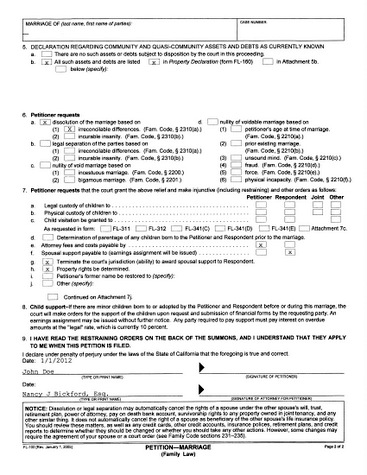FL-100 Petition for Dissolution Pg 2- California Family Law